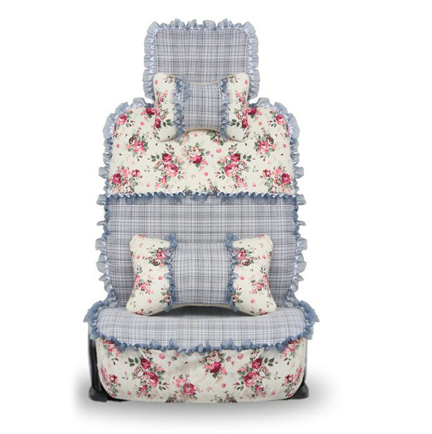 Universal Flax Cotton Hawaiian floral Print Lace Car Seat Cover Cushion 10pcs Sets - Gray