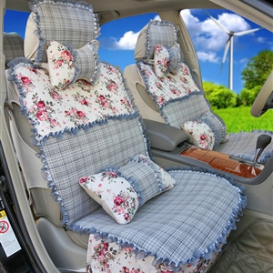 Universal Flax Cotton Hawaiian floral Print Lace Car Seat Cover Cushion 10pcs Sets - Gray