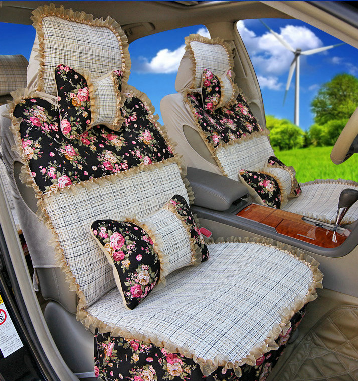 Universal Flax Cotton floral Print Lace Car Seat Cover Cushion 10pcs Sets - Black+Beige