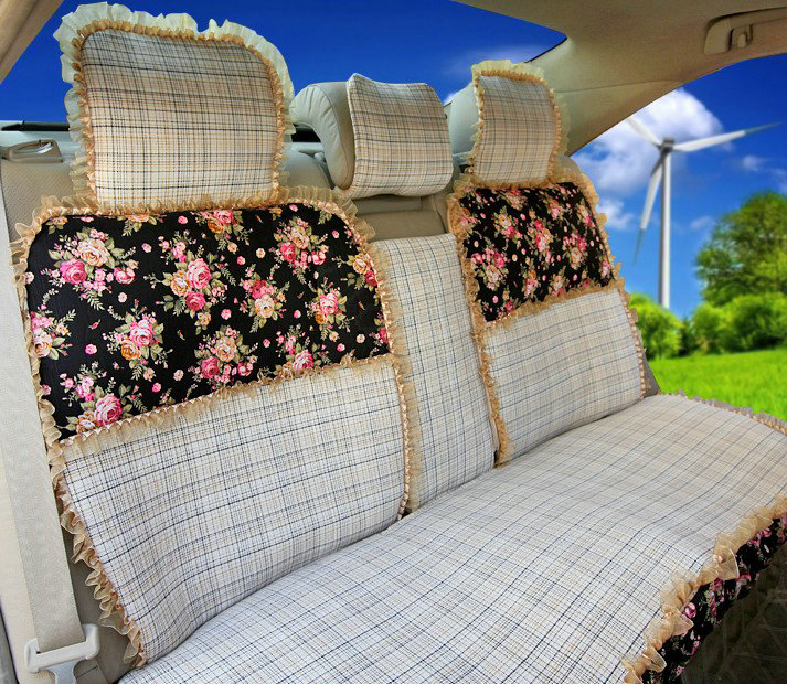 Universal Flax Cotton floral Print Lace Car Seat Cover Cushion 10pcs Sets - Black+Beige