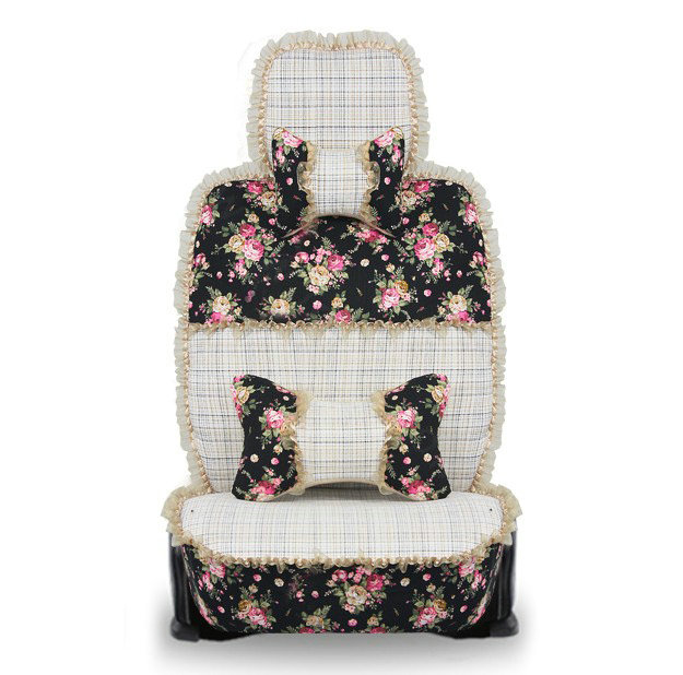 Universal Flax Cotton floral Print Lace Car Seat Cover Cushion 10pcs Sets - Black+Beige