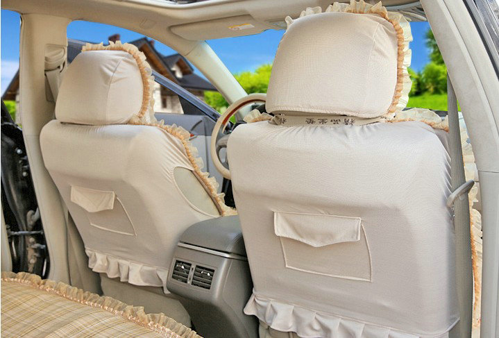 Universal Flax Cotton floral Print Lace Car Seat Cover Cushion 10pcs Sets - Black+Beige