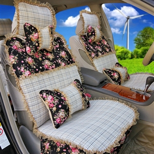 Universal Flax Cotton floral Print Lace Car Seat Cover Cushion 10pcs Sets - Black+Beige