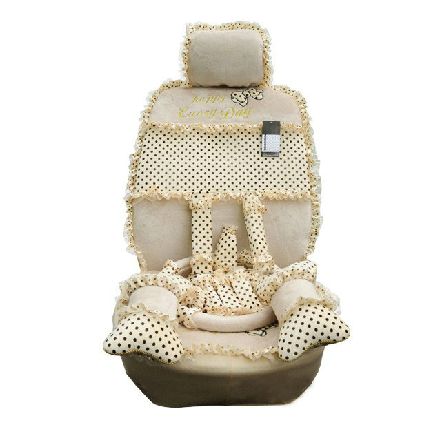 Universal Velvet Bowknot Polka Dots print Lace Car Seat Cover 28pcs Sets - Beige