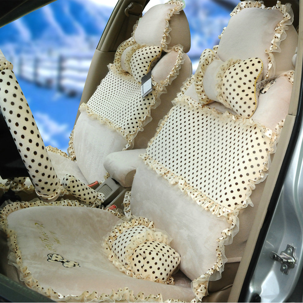 Universal Velvet Bowknot Polka Dots print Lace Car Seat Cover 28pcs Sets - Beige