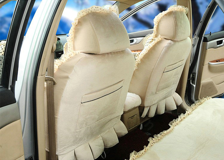 Universal Velvet Bowknot Polka Dots print Lace Car Seat Cover 28pcs Sets - Beige