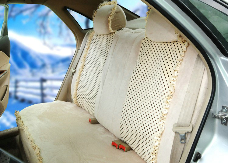 Universal Velvet Bowknot Polka Dots print Lace Car Seat Cover 28pcs Sets - Beige