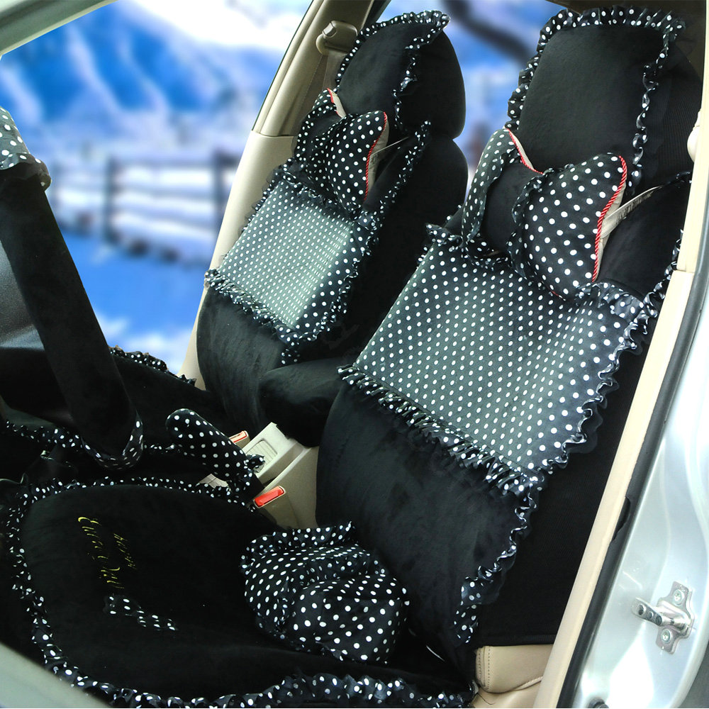 Universal Velvet Bowknot Polka Dots print Lace Car Seat Cover 28pcs Sets - Black
