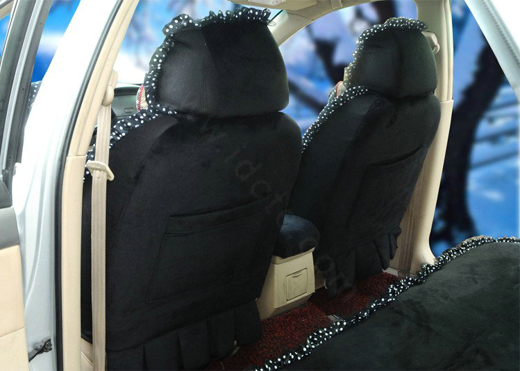 Universal Velvet Bowknot Polka Dots print Lace Car Seat Cover 28pcs Sets - Black
