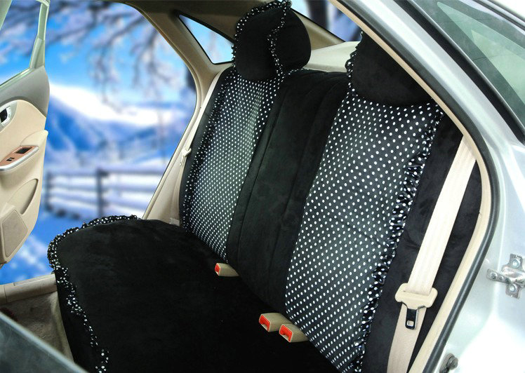 Universal Velvet Bowknot Polka Dots print Lace Car Seat Cover 28pcs Sets - Black