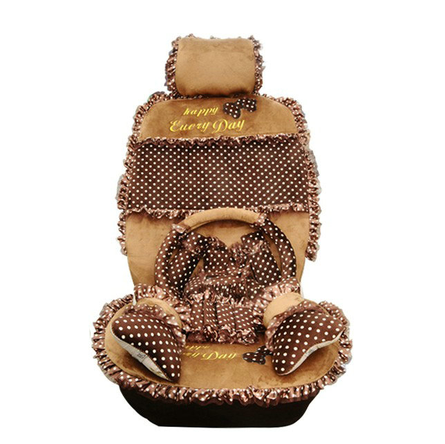 Universal Velvet Bowknot Polka Dots print Lace Car Seat Cover 28pcs Sets - Coffee