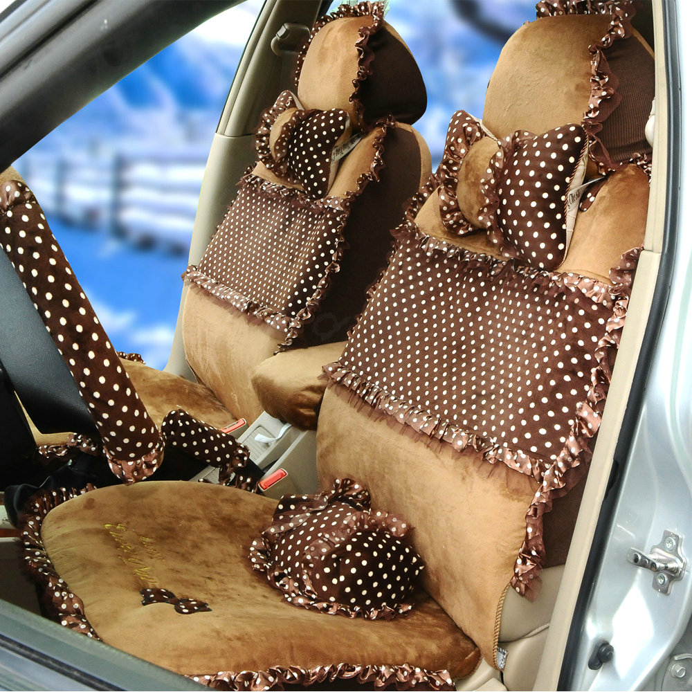 Universal Velvet Bowknot Polka Dots print Lace Car Seat Cover 28pcs Sets - Coffee