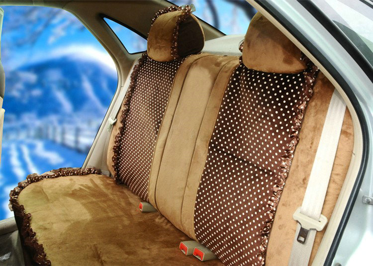 Universal Velvet Bowknot Polka Dots print Lace Car Seat Cover 28pcs Sets - Coffee