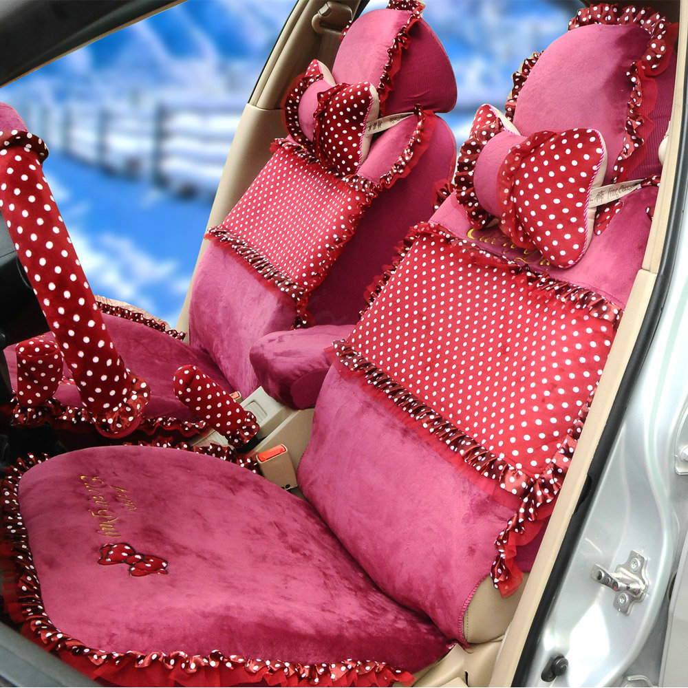 Universal Velvet Bowknot Polka Dots print Lace Car Seat Cover 28pcs Sets - Rose