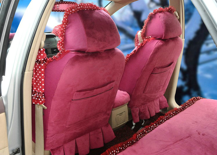 Universal Velvet Bowknot Polka Dots print Lace Car Seat Cover 28pcs Sets - Rose