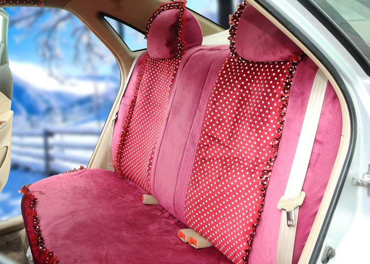 Universal Velvet Bowknot Polka Dots print Lace Car Seat Cover 28pcs Sets - Rose