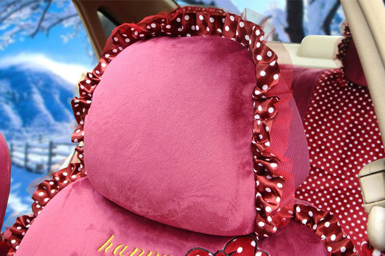 Universal Velvet Bowknot Polka Dots print Lace Car Seat Cover 28pcs Sets - Rose