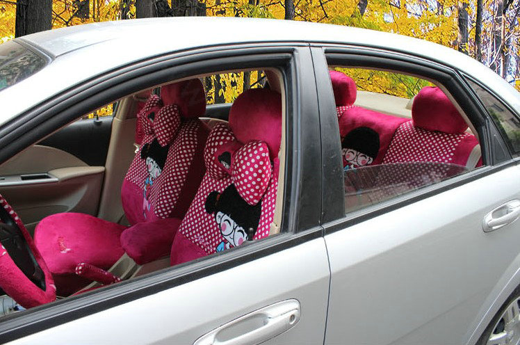 Universal Velvet Cute Girls Polka Dots print Car Seat Cover 18pcs Sets - Rose