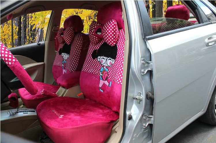 Universal Velvet Cute Girls Polka Dots print Car Seat Cover 18pcs Sets - Rose