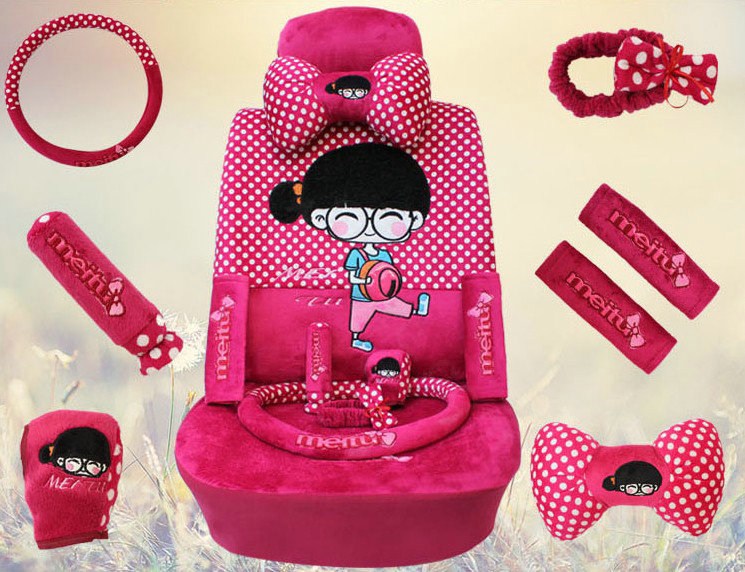 Universal Velvet Cute Girls Polka Dots print Car Seat Cover 18pcs Sets - Rose