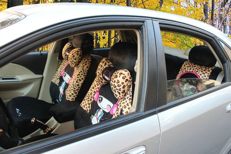 Universal Velvet Headset Girls Leopard print Car Seat Cover 18pcs Sets - Black