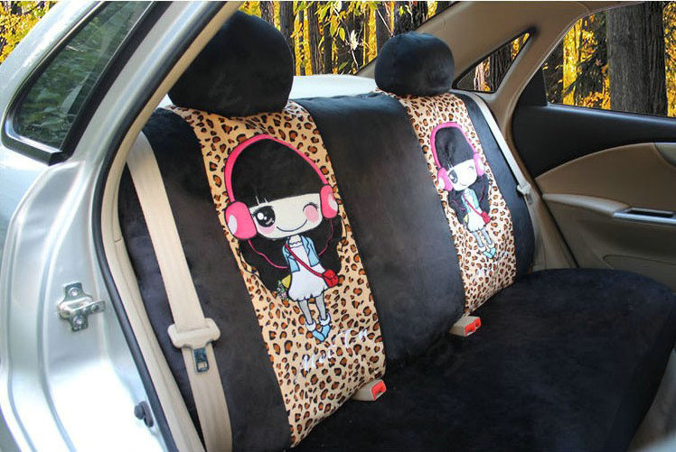 Universal Velvet Headset Girls Leopard print Car Seat Cover 18pcs Sets - Black
