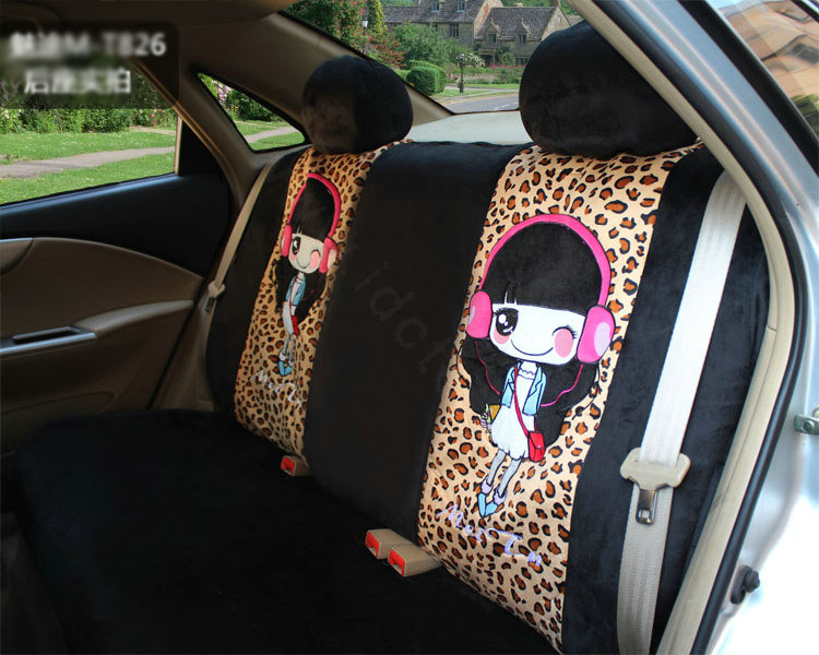 Universal Velvet Headset Girls Leopard print Car Seat Cover 18pcs Sets - Black