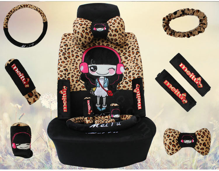 Universal Velvet Headset Girls Leopard print Car Seat Cover 18pcs Sets - Black