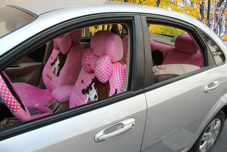 Universal Velvet Pretty Girls Polka Dots print Auto Seat Cover 18pcs Sets - Pink