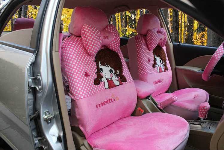 Universal Velvet Pretty Girls Polka Dots print Auto Seat Cover 18pcs Sets - Pink