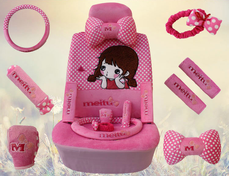 Universal Velvet Pretty Girls Polka Dots print Auto Seat Cover 18pcs Sets - Pink