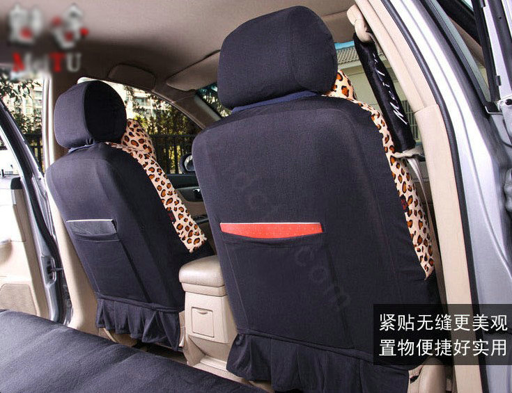 Universal Winter Velvet Cute Girls Leopard print Auto Seat Cover 18pcs Sets - Black