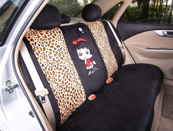 Universal Winter Velvet Cute Girls Leopard print Auto Seat Cover 18pcs Sets - Black