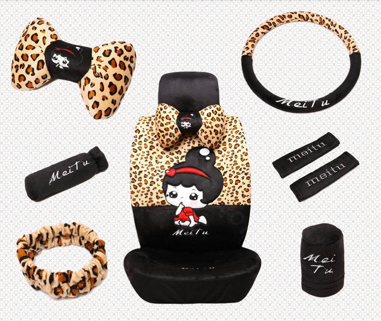 Universal Winter Velvet Cute Girls Leopard print Auto Seat Cover 18pcs Sets - Black