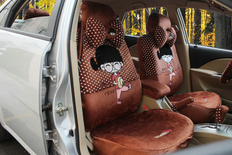 Universal Winter Velvet Girls Polka Dots print Auto Seat Cover 18pcs Sets - Coffee