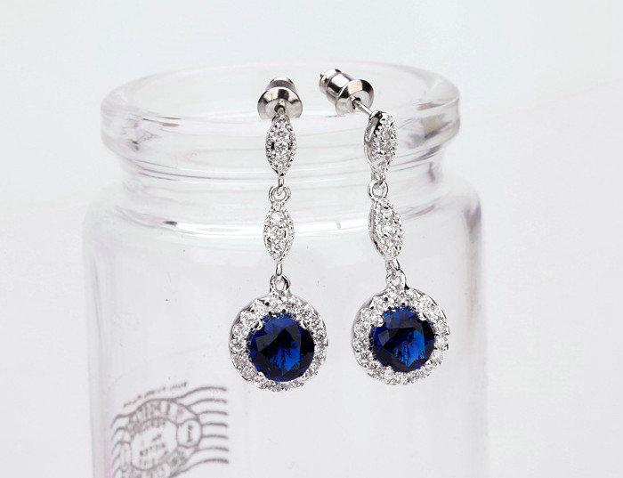 Newest Blue Gem Swiss CZ Crystal White Gold Plated Drop Stud Earrings Women Elegant Jewelry