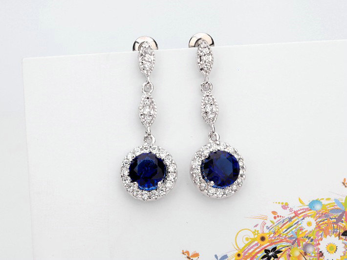 Newest Blue Gem Swiss CZ Crystal White Gold Plated Drop Stud Earrings Women Elegant Jewelry