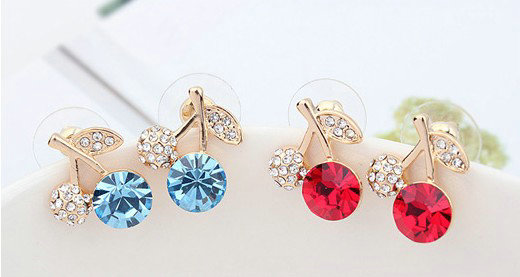 Newest Blue Swarovskii Crystal AAA Zircon Cherry Stud Earring Female Fashion Jewelry