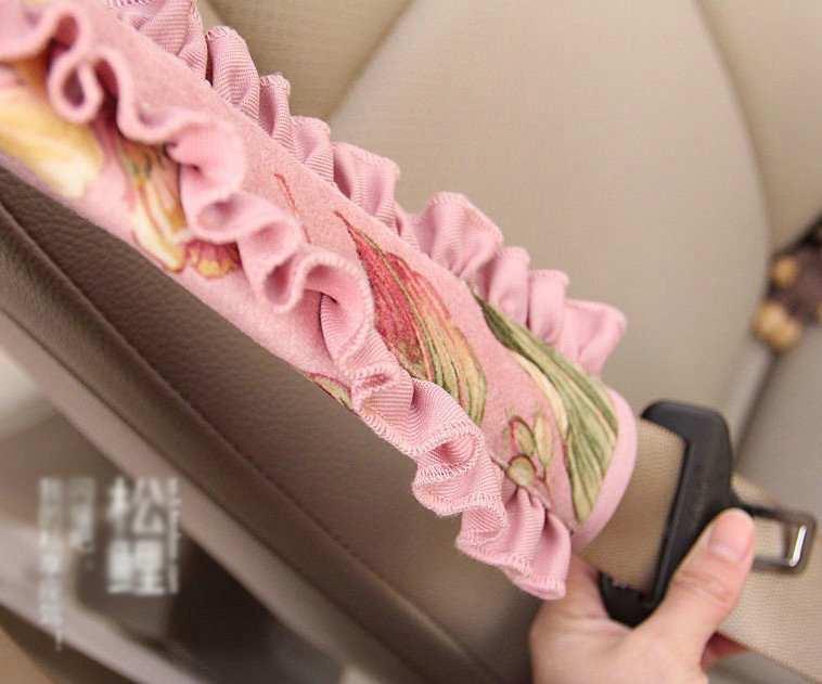 Best Cloth Cotton Floral Print Automotive Seat Safety Belt Covers Car Decoration 2pcs - Pink