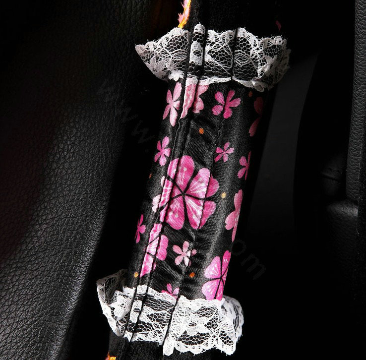 Best Flower Bud Silk Velvet Automotive Seat Safety Belt Covers Car Decoration 2pcs - Black