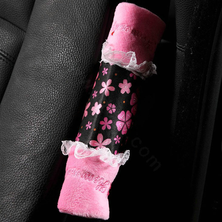 Best Flower Bud Silk Velvet Automotive Seat Safety Belt Covers Car Decoration 2pcs - Pink