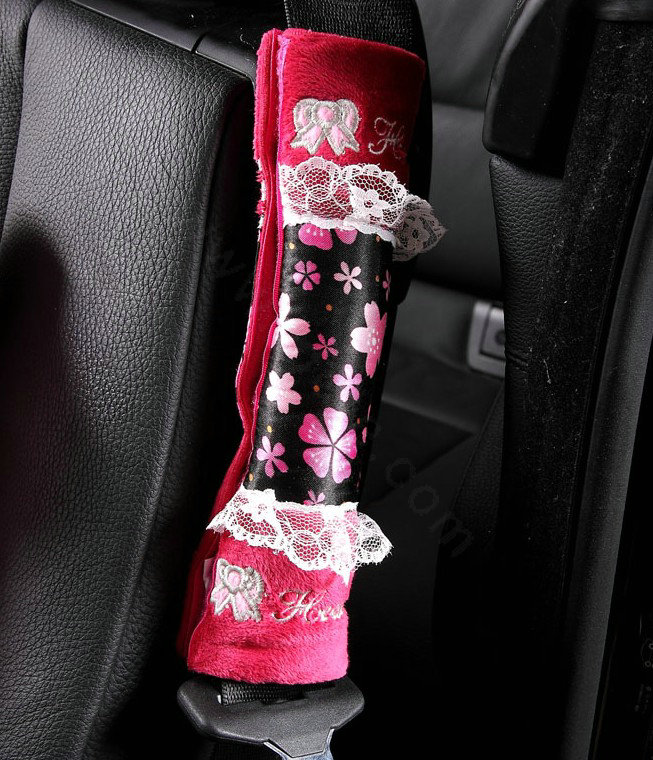Best Flower Bud Silk Velvet Automotive Seat Safety Belt Covers Car Decoration 2pcs - Rose