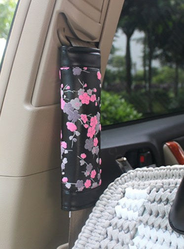 Best Plum Flower Genuine Leather Automobile Seat Safety Belt Covers Car Decoration 2pcs - Black