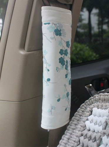 Best Plum Flower Genuine Leather Automobile Seat Safety Belt Covers Car Decoration 2pcs - Blue