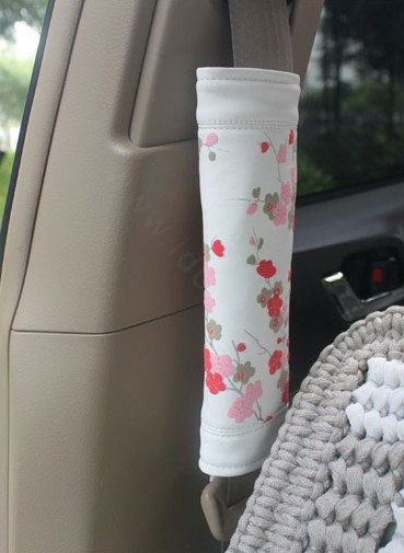 Best Plum Flower Genuine Leather Automobile Seat Safety Belt Covers Car Decoration 2pcs - Pink