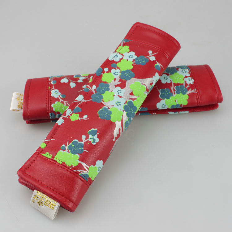 Best Plum Flower Genuine Leather Automobile Seat Safety Belt Covers Car Decoration 2pcs - Red
