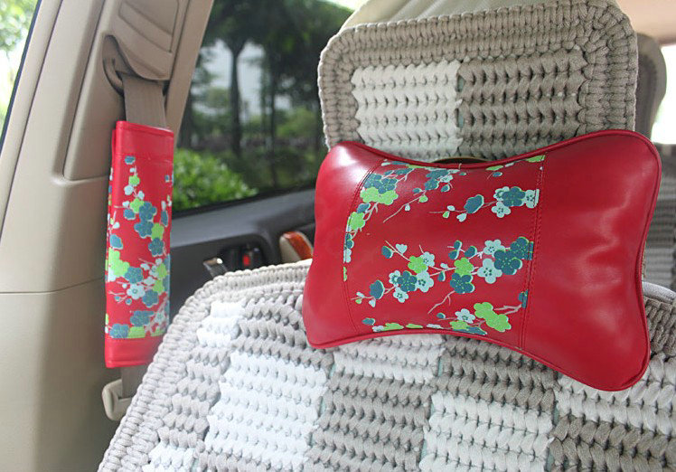 Best Plum Flower Genuine Leather Automobile Seat Safety Belt Covers Car Decoration 2pcs - Red