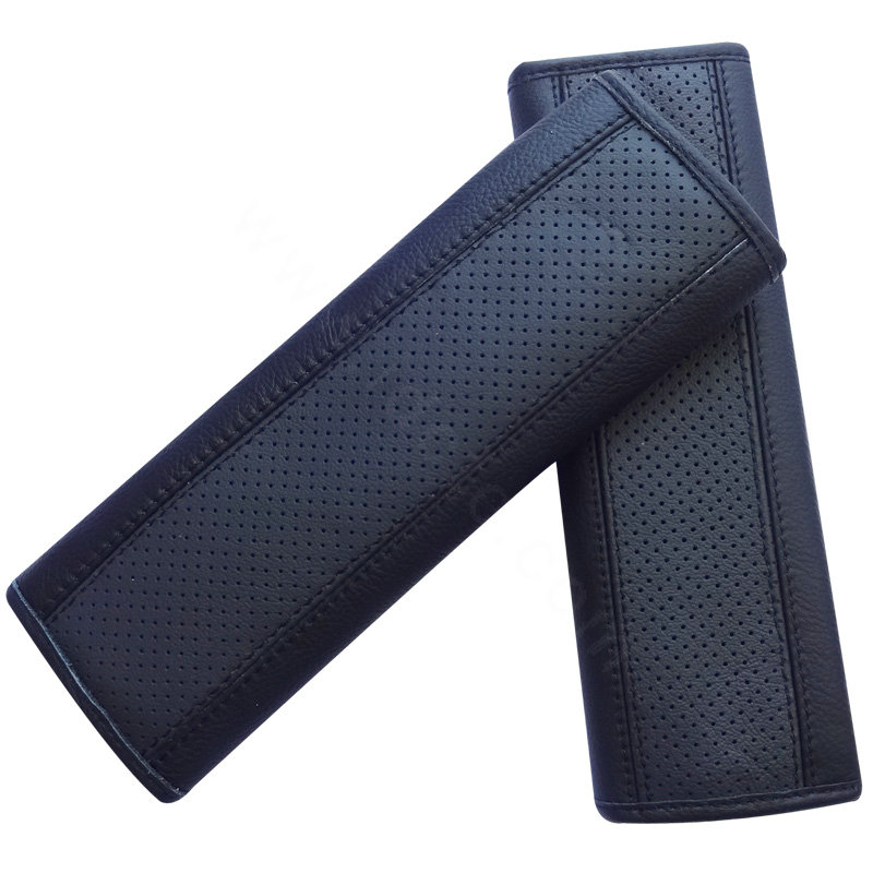Best Real Genuine Leather Automobile Seat Safety Belt Covers Car Decoration 2pcs - Black