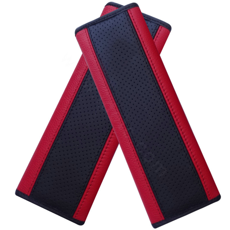Best Real Genuine Leather Automobile Seat Safety Belt Covers Car Decoration 2pcs - Red
