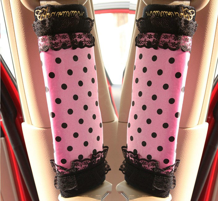 Classic Lace Polka Dot Synthetic Fiber Automotive Seat Safety Belt Covers Car Decoration 2pcs - Pink